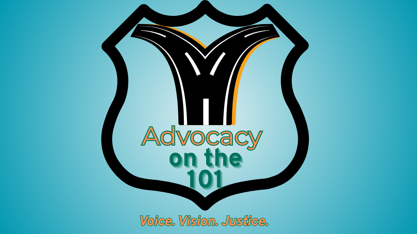 Advocacy on the 101 logo featuring bold, modern typography with a freeway-inspired design, representing a direct, grassroots approach to justice-driven advocacy.